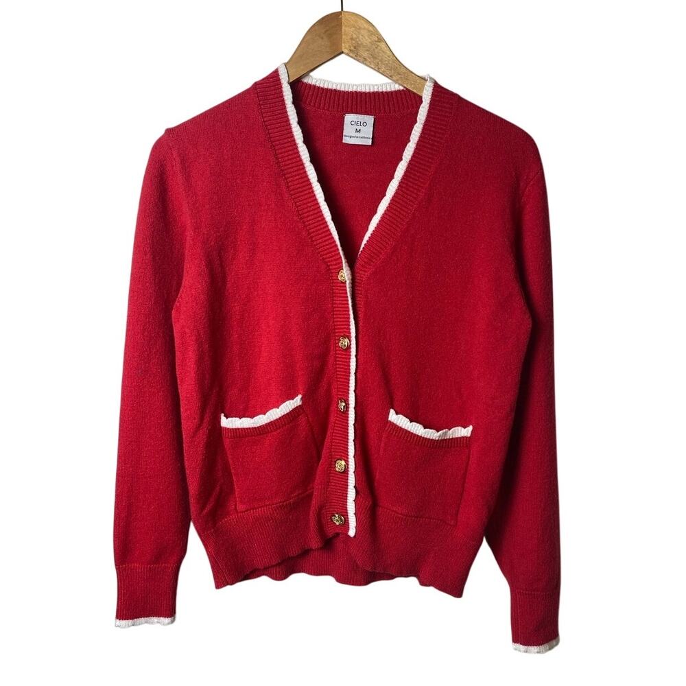 Cielo Red White Trim Gold Button Pocketed Cardigan Holiday Women's Size Medium
